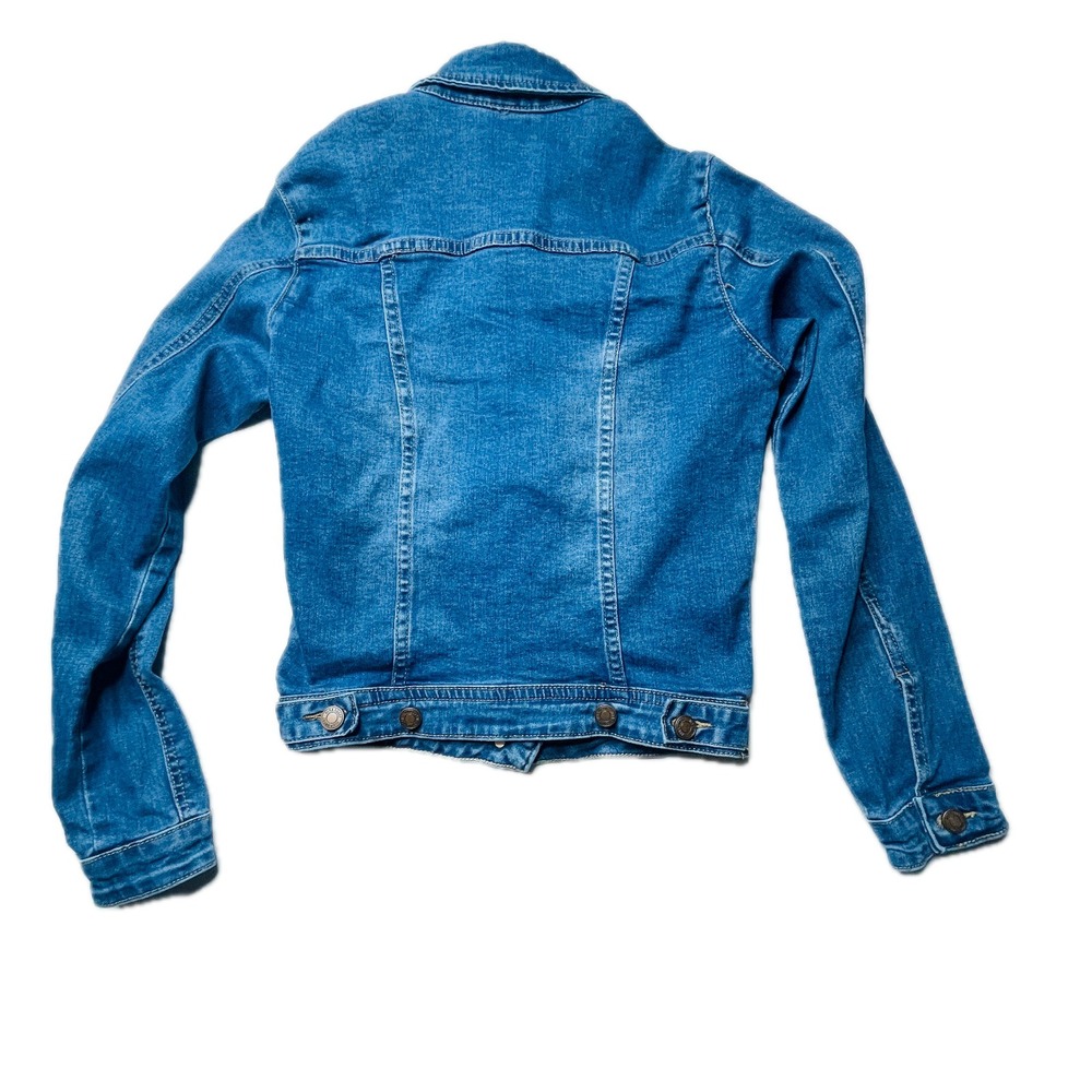 Heart Embroidered Denim Jacket Womens Medium Blue Wash Cropped Boutique - Picture 12 of 15